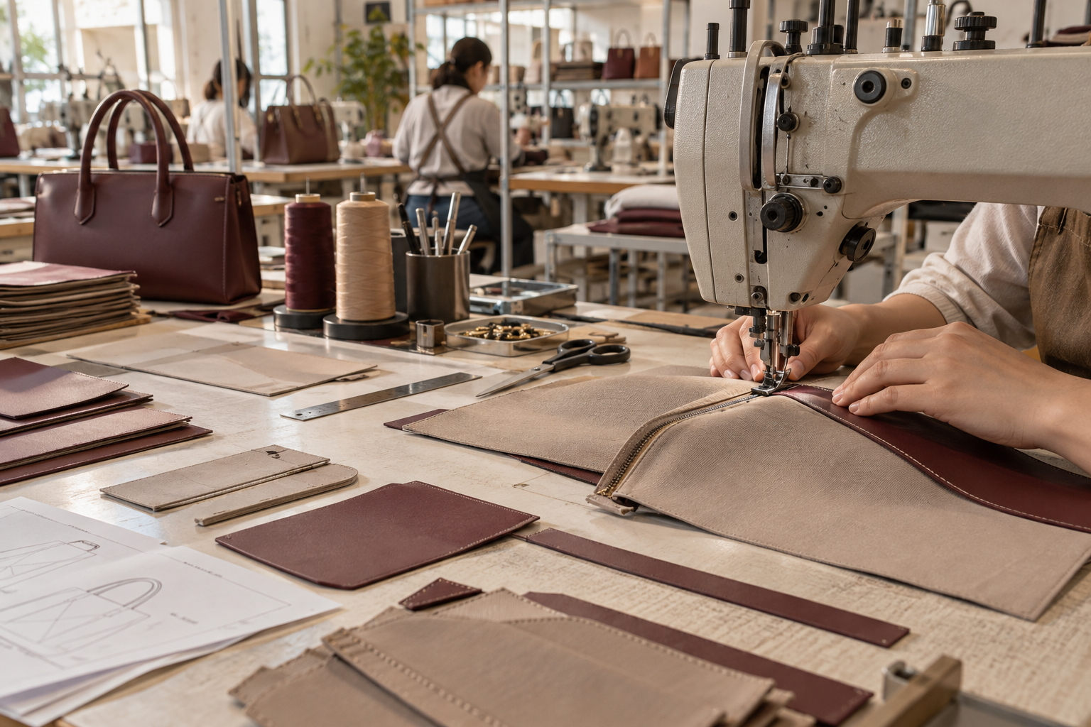 A VIVAN artisan precision-stitching a handbag insert