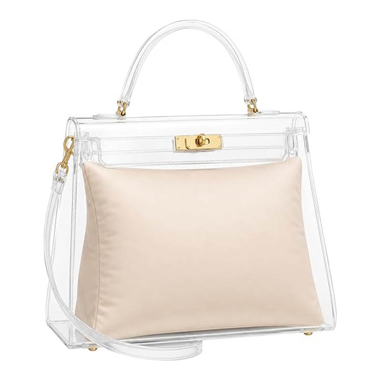 Soft handbag shaping pillow inside a transparent top-handle bag