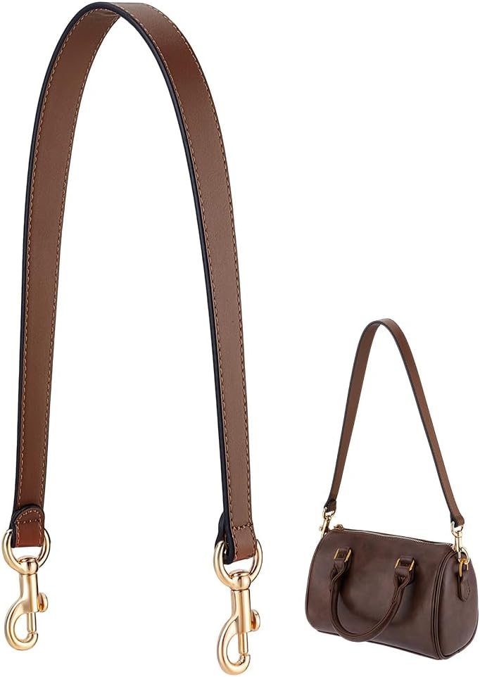 Brown leather shoulder strap with gold clasps